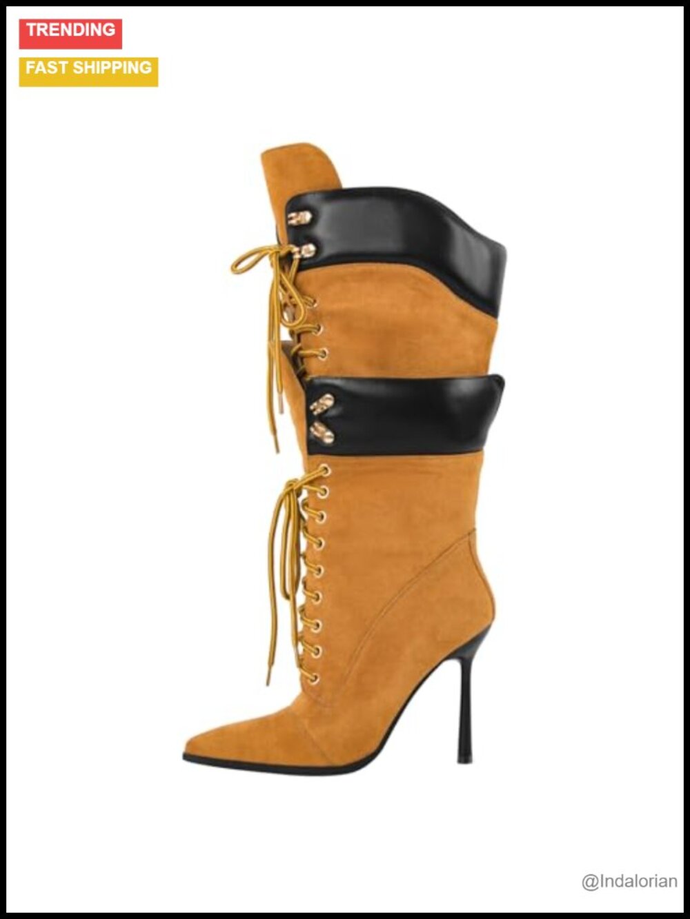 Double Lace Pointed Toe Stiletto Knee High Boots Strappy